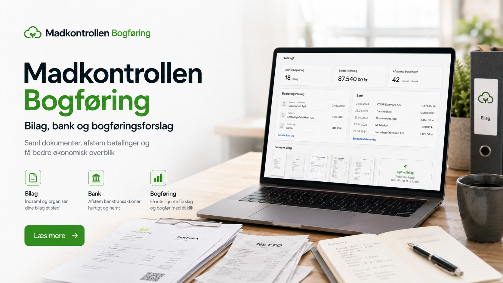 Madkontrollen Bogføring vist med bilag og bogføringsforslag