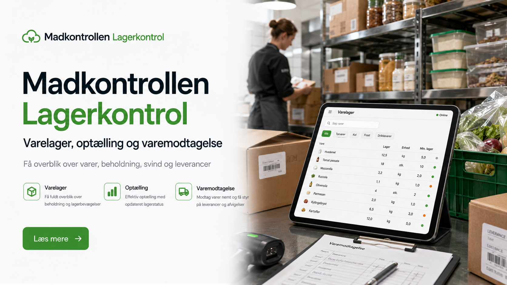 Madkontrollen Lagerkontrol vist med lagerhylder og varemodtagelse